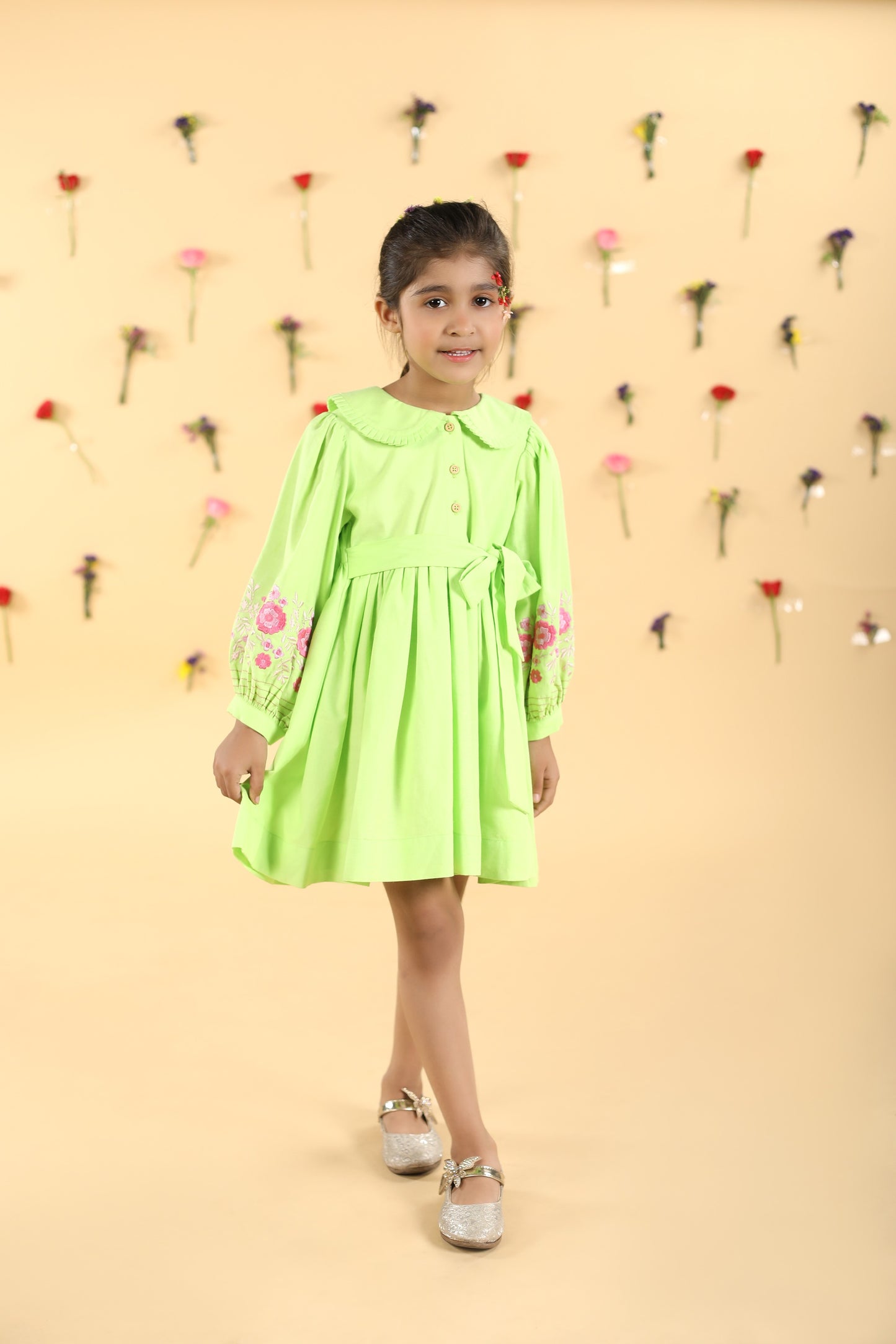 Lime Dress pink flowers