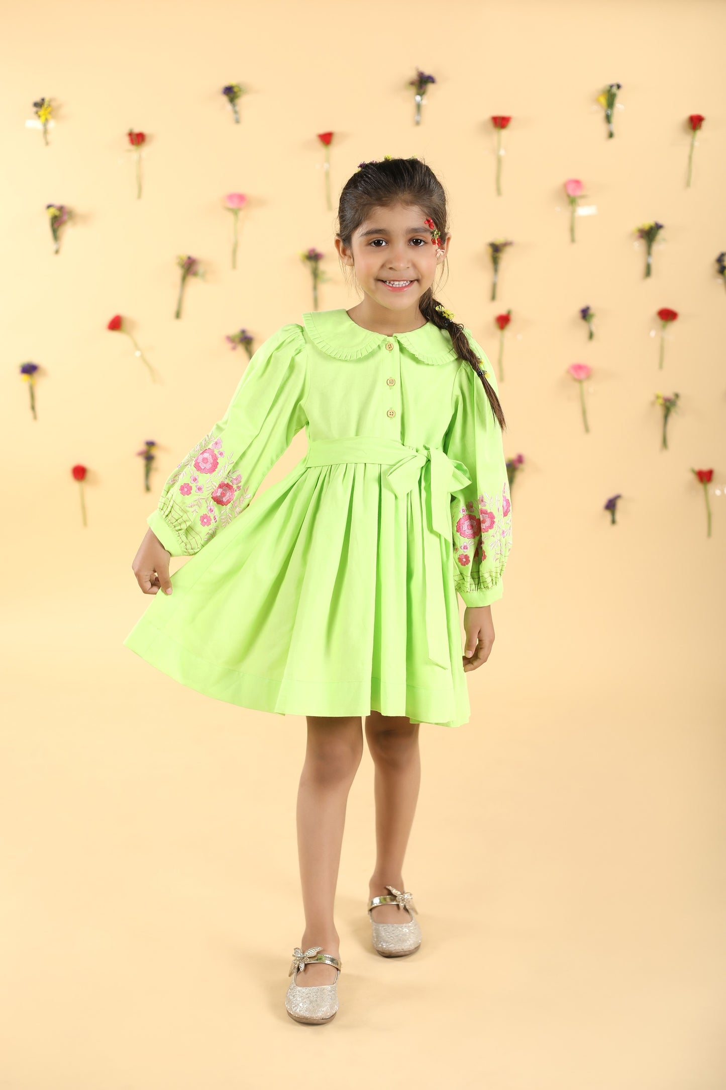 Lime Dress pink flowers