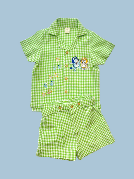 GREEN gingham set with Bluey